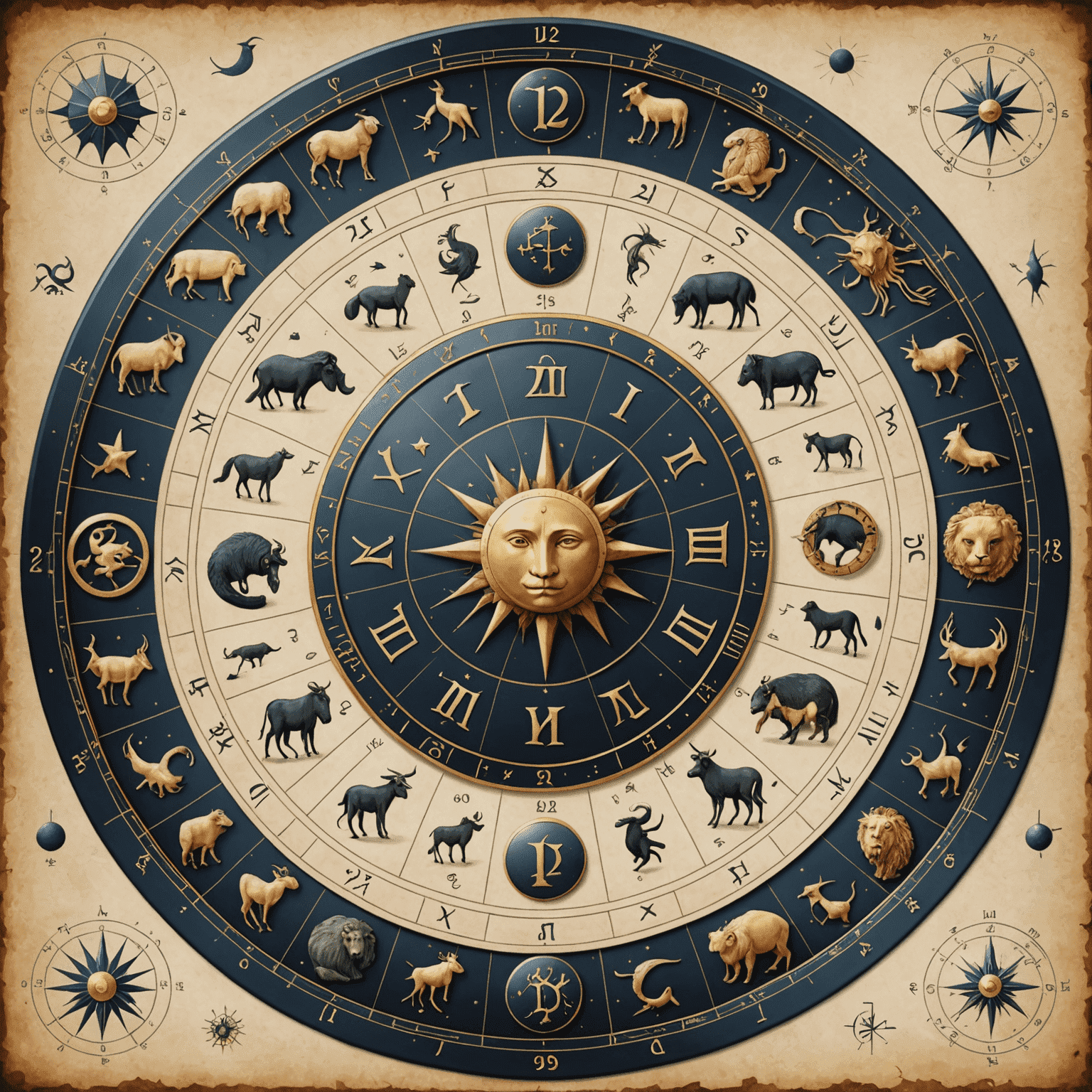 Ilustracja przedstawiająca koło zodiakalne z 12 znakami zodiaku, każdy znak jest reprezentowany przez swój charakterystyczny symbol