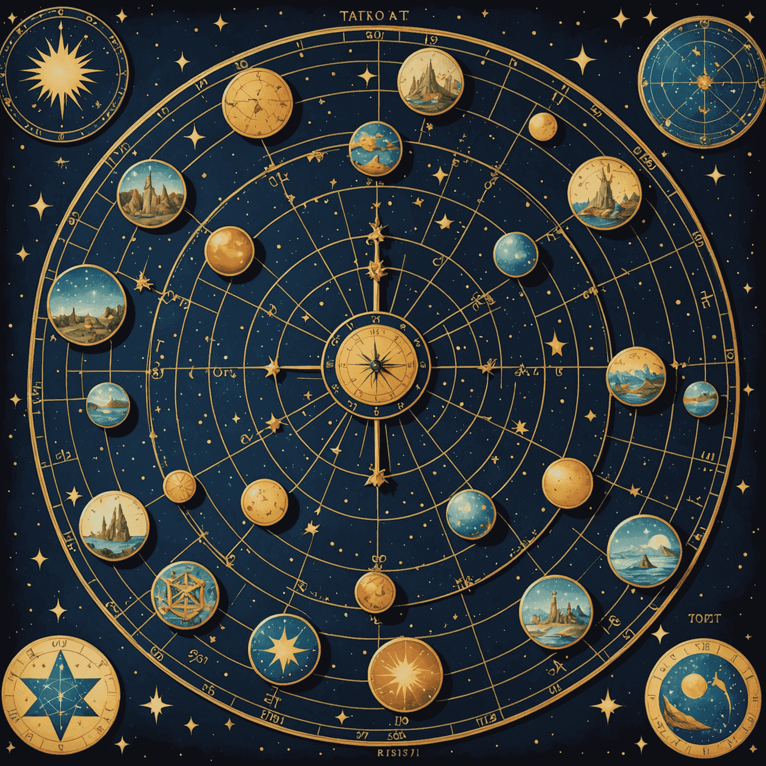 Ilustracja przedstawiająca karty tarota ułożone na mapie astrologicznej z konstelacjami w tle